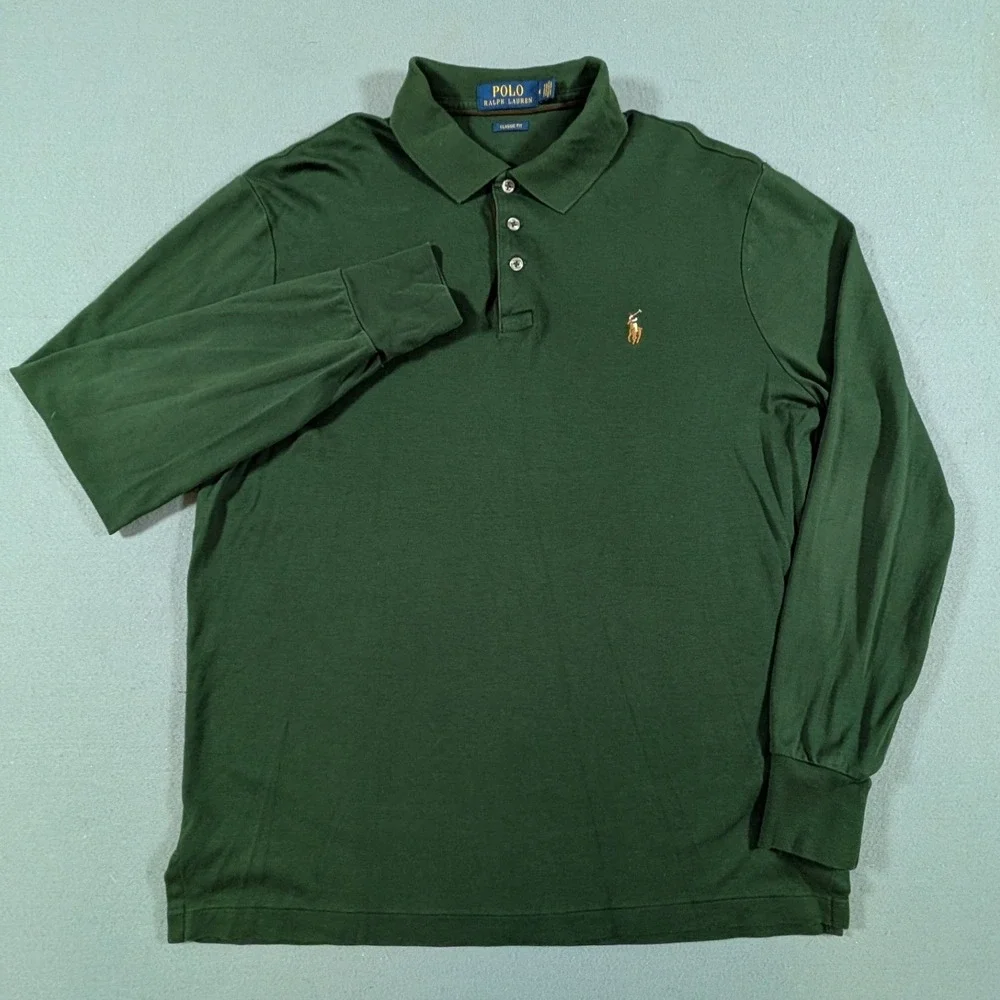 Polo Ralph Lauren Long Sleeve Polo Mens Size M Green Classic Fit Flesh Pony Logo